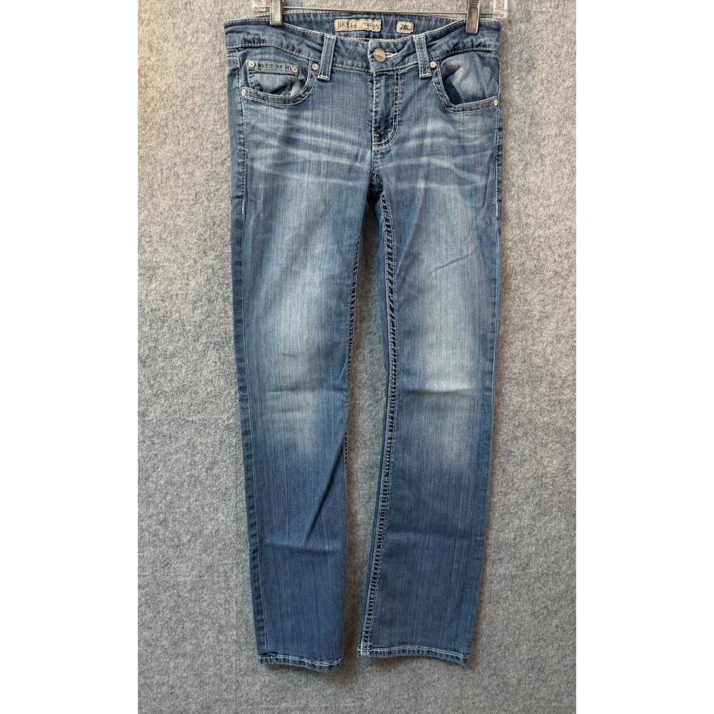 BKE Stella Straight Leg Jeans Medium Wash Low Rise Embroidered 28L